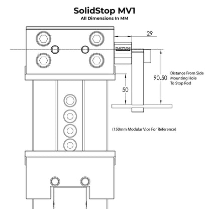Technical line drawing of the SolidStop MV1 work stop mounted to a modular machine vice similar to Gerardi
