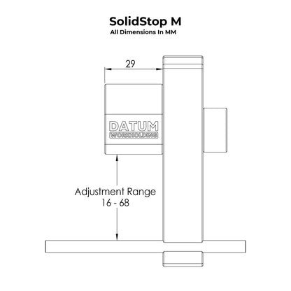 Technical line drawing of the SolidStop M magnetic vice work stop