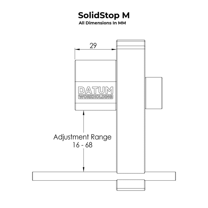 Technical line drawing of the SolidStop M magnetic vice work stop